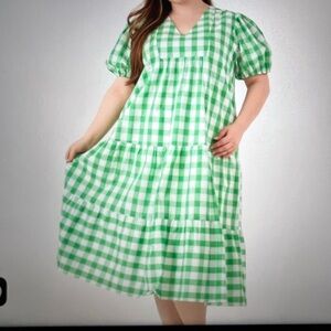 English Factory Green and White Checkered Midi Dress